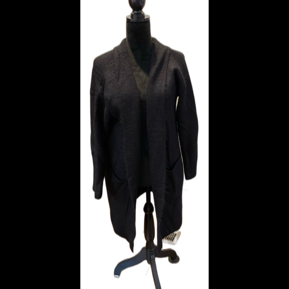Time‎ and Tru Cardigan Sweater Knit Blazer Sz Large Black Fuzzy Distressed Look